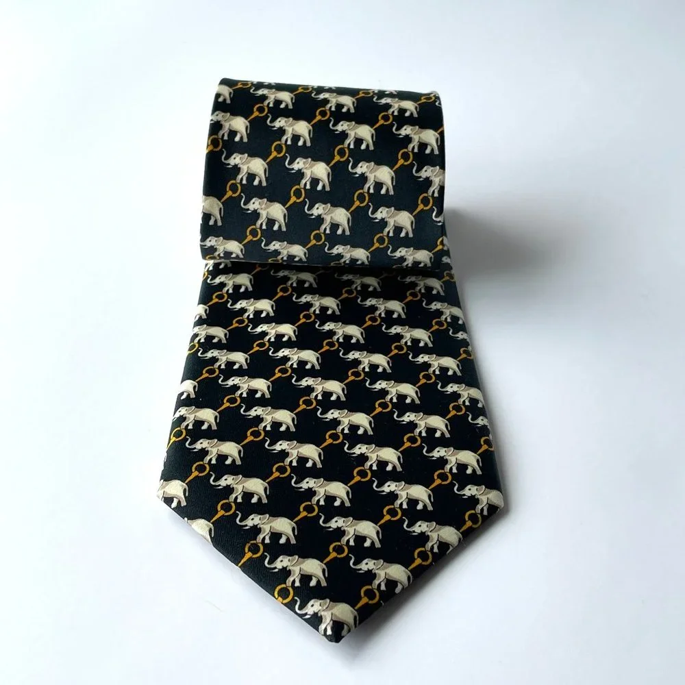 Rene Chagal Black Elephant Print Hand‎ Made 100% Silk Neck Tie Novelty Neckwear